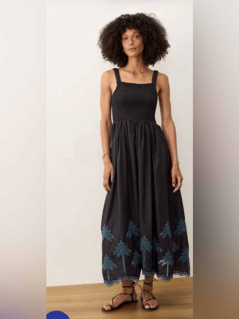 Marine Layer Selene Black Embroidered Maxi Sundress with Smocked Bodice
